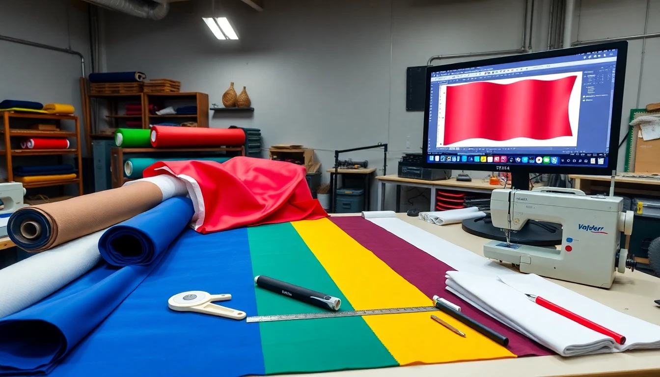 Flag fabric being prepared with iron, cutting tools, and precision measuring equipment