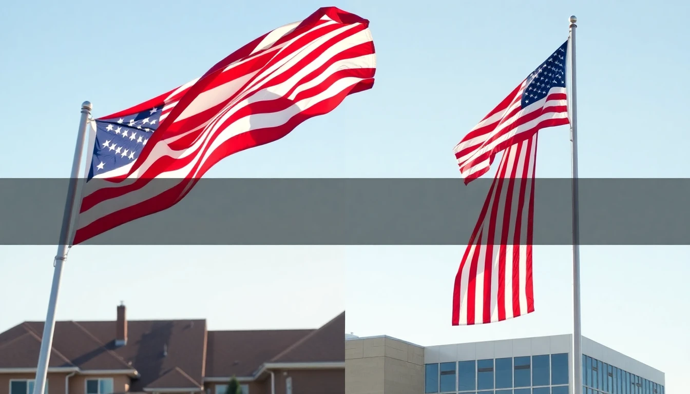 American flags displayed in different settings including residential homes, commercial buildings, and marine vessels