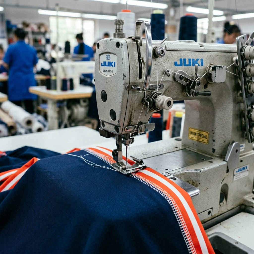 Industrial machine needle stitching a flatlock seam on stretch fabric
