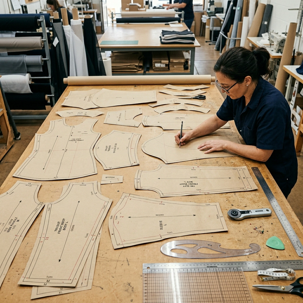 Pattern pieces being drafted and laid out on a drafting table