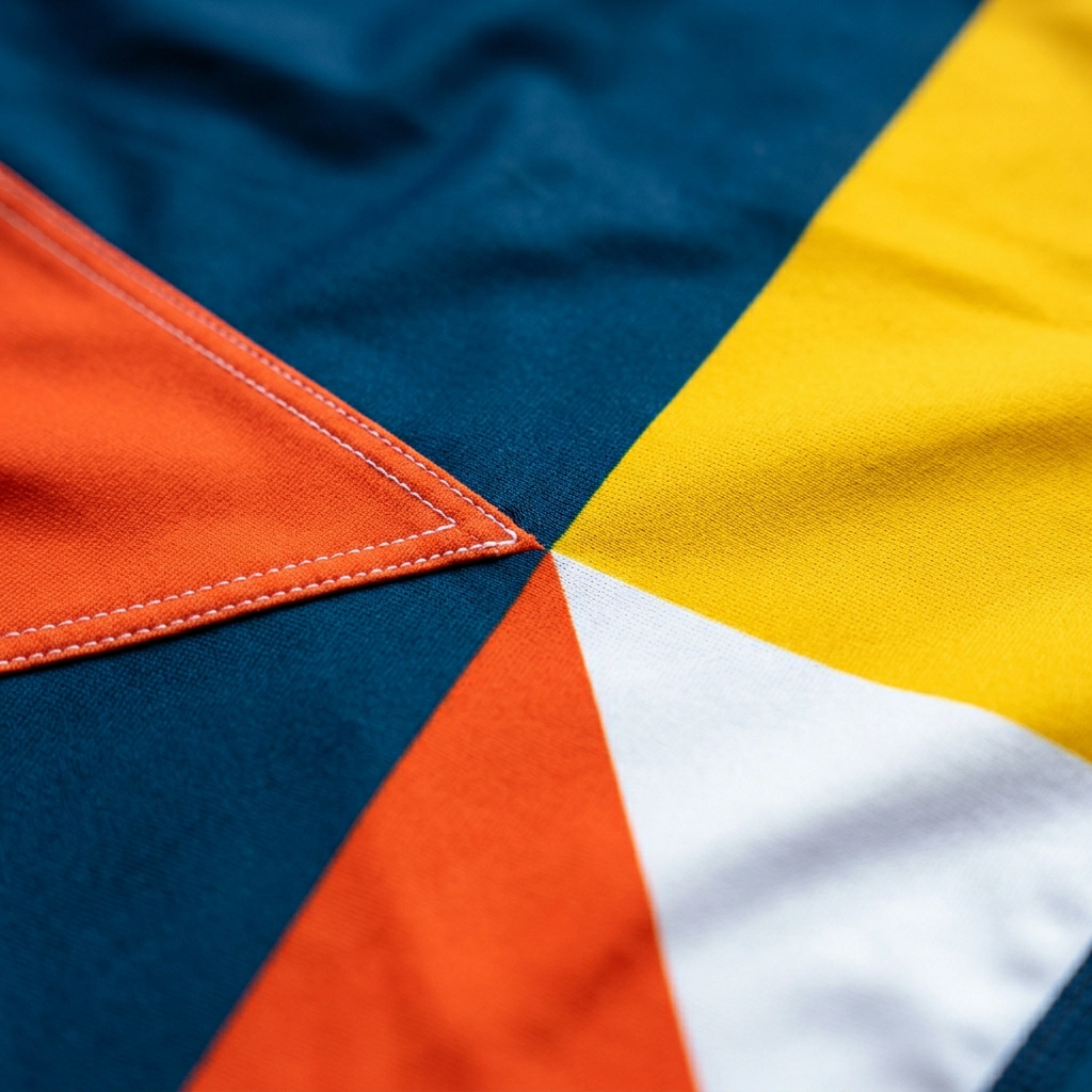 Hard-edged printed colour blocks meeting on a panel